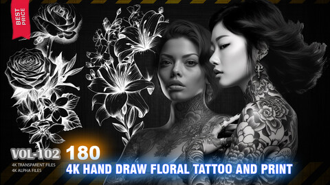 180 4K HAND DRAW FLORAL TATTOO AND PRINT - HIGH END QUALITY RES - (ALPHA & TRANSPARENT) - VOL102