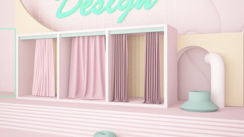 Selling booth curtains in candy style pink interior with neon