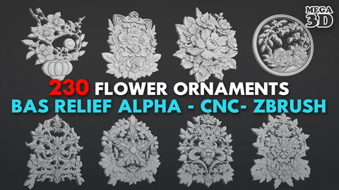 230 Free Flower Ornaments - Bas relief Alpha - CNC - Zbrush