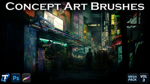 40 Concept Brushes (Cyberpunk Style) for Photoshop and Procreate (Hand-Painted) - Vol 3