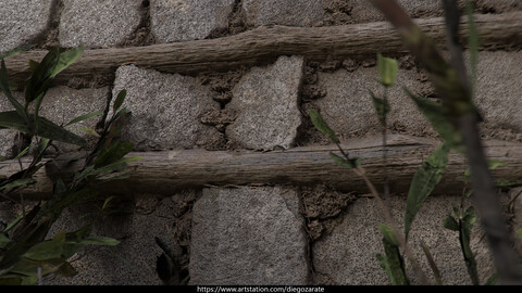 4K - Rock Wall Supported on Logs Bonded with Adobe - TEXTURES + SBS GRAPH