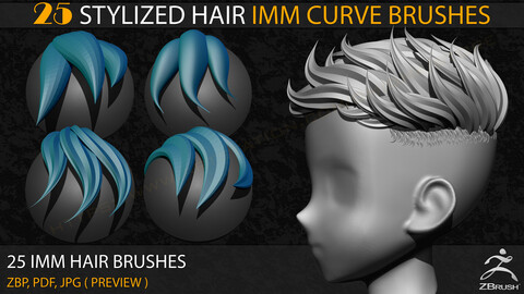 25 Stylized Hair IMM Curve Brushes ( Vol- 04 )