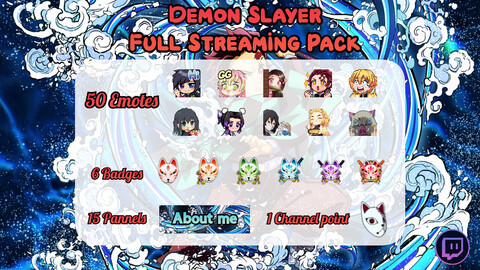 Emote  Demon Slayer ,  Anime , Mega Pack Start Stream , Twitch Panel, Sub Badges , Chanel Point