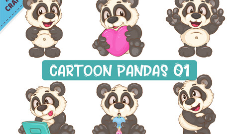 Set of Cartoon Pandas 01. Clipart.