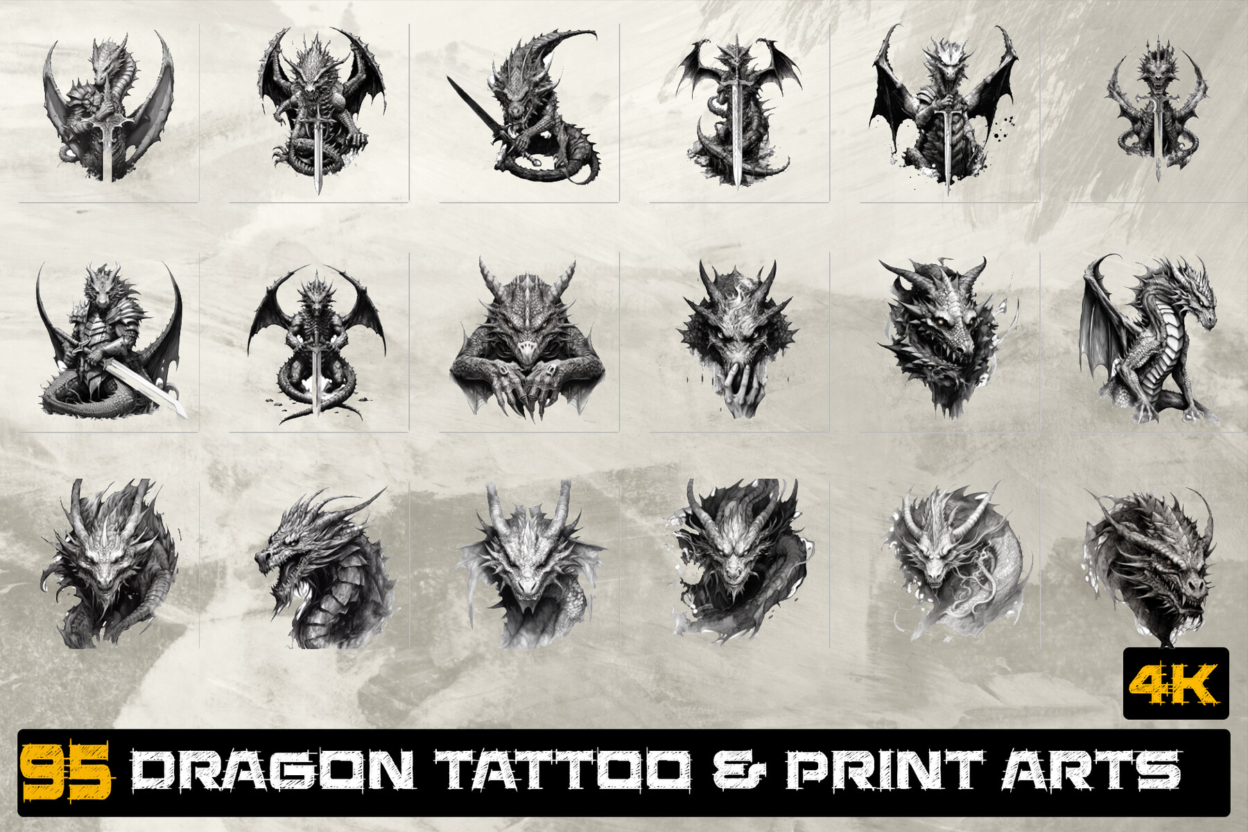 ArtStation - 95 Dragon Tattoo (PNG & JPEG Files)-4k - Vol 04 | Brushes