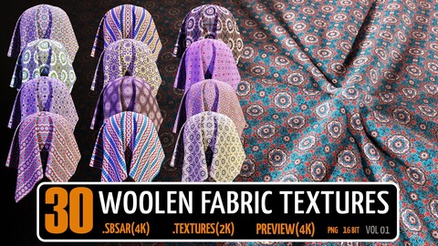 30 WOOLEN FABRIC TEXTURES/HIGH QUALITY/SBSAR/TILEABLE/BASE COLOR/ DISPLACEMENT/NORMAL/AO/ROGHNESS/vol01