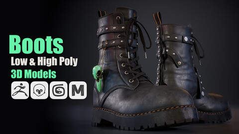 Boots with Rivets | Low & High Poly 3D Models | Game Ready