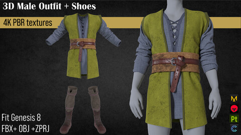 3D medieval man clothes and shoes Fbx+Obj+Zprj