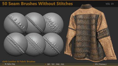 50 Seam Brushes Without Stitches (4k)+Alpha map -Vol 01