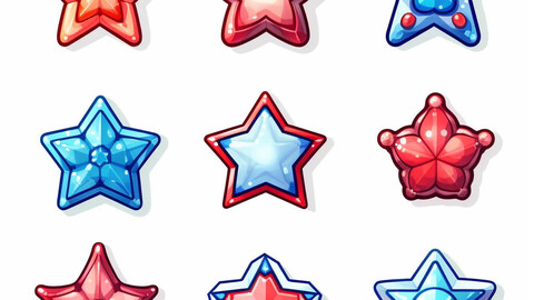 21 Star Icons, UI, Buttons, Red, White and Blue, Black and White, Cute Stars for Mobile Gaming
