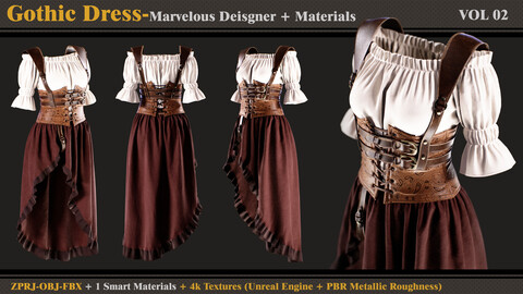 Gothic Dress- Marvelous Designer + 1 Smart Material + 4K Textures + OBJ + FBX (vol 2)