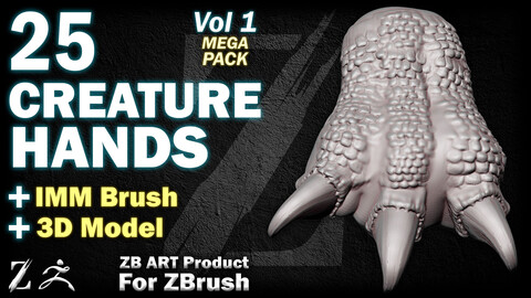 25 ZB ART Creature Hands For ZBrush (IMM Brush + 3D Model) - Vol 1