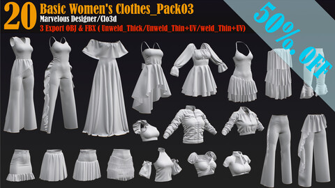 20 Basic Women's Clothes_ Pack03 (Marvelous/CLO +ZPRJ+OBJ+FBX+UV)