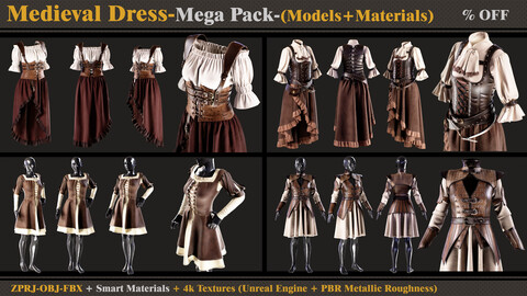 5 Medieval Shirts/Marvelous Designer - Clo3D(ZPRJ + FBX + OBJ)