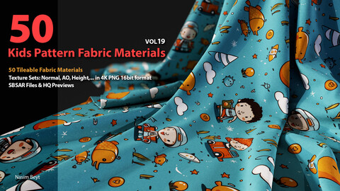 50 Tileable Kids Pattern Fabric Materials-VOL19. SBSAR+4K PBR Materials