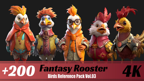 +200 Fantasy Rooster | 4K | Birds Reference Pack Vol.03