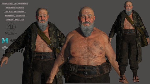 AAA 3D OLD FAT BEARDED MAN HOMELESS / SURVIVOR - REALISTIC RIGGED GAME READY CHARACTER