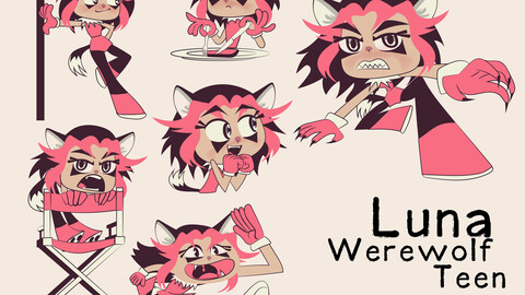 Luna. Werewolf Teen Girl. Original cartoon character. Girl character stickers