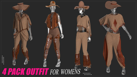 4 pack of outfit set for women CLO3D PROJECTS+OBJ+FBX