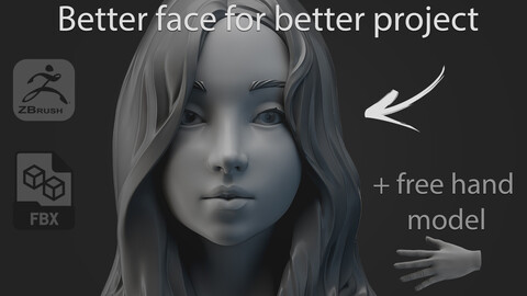 Lina - girl head base mesh #5 (highpoly, stylized) + FREE hand model
