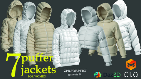 7 realistic female puffer jackets (marvelous designer_clo3d_daz3d- obj/ fbx)