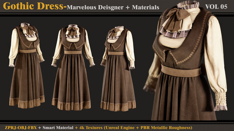 Gothic Dress- Marvelous Designer + Smart Material + 4K Textures + OBJ + FBX (vol 5)