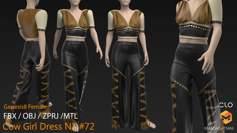 Cow Girl Dress N1 #72 _ MarvelousDesigner/CLO Project Files+fbx+obj+mtl _ Genesis8Female