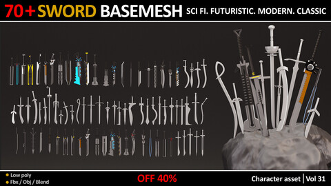 70 SWORD BASEMESHES. SCI FI.MODERN. CLASSIC AND FANTACY. BLEND/ FBX/ OBJ