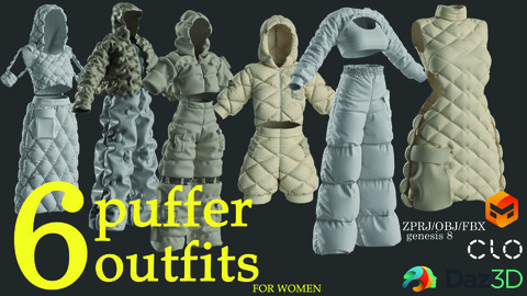 6 realistic female puffer outfits(marvelous designer_clo3d_daz3d/obj/fbx)