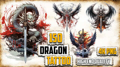 150 Dragon Tattoo (PNG & TRANSPARENT Files)-4K - High Quality - Vol 08