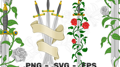 Vector Design of Sword Surrounded by Roses