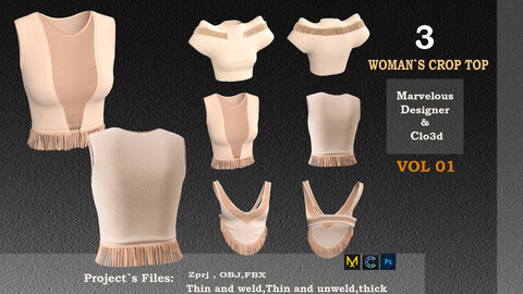 3 woman`s cowboy top designed by  marvelous designer and clo3D app (zprj, obj, fbx)