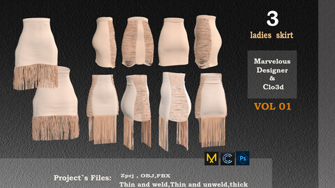 3  woman`s skirt designed by marvelous designer and clo3D app (zprj, obj, fbx)