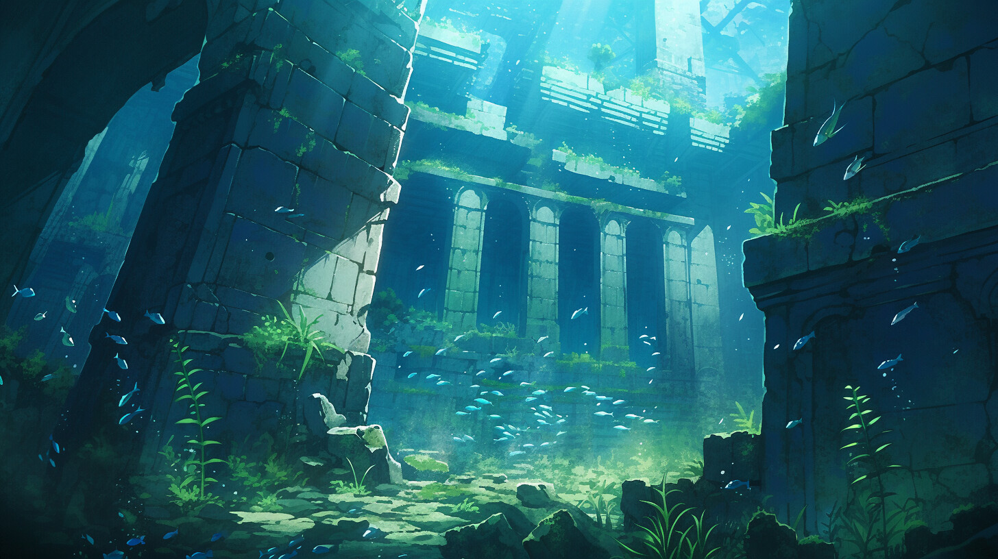 prompthunt: painted anime background of a flooded underwater slums shopping  district built from various sea shells and corals and being reclaimed by  nature, seaweed, light diffraction, litter, steampunk, cyberpunk, cool  colors, caustics,