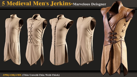 5 Medieval Men's Jerkins/Marvelous Designer-Clo3D (ZPRJ + FBX + OBJ)
