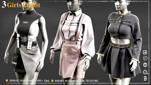 3 Girl's Outfit  002 / /Marvelous Designer / 4k Textures/Smart material