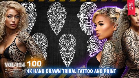 100 4K HAND DRAWN TRIBAL AND AZTEC TATTOO AND PRINT - HIGH END QUALITY RES - (ALPHA & TRANSPARENT) - VOL124