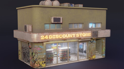 Game-ready cyberpunk store building with an interior