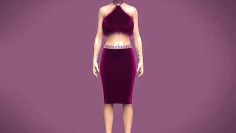 Mock neck crop velvet top with pencil skirt