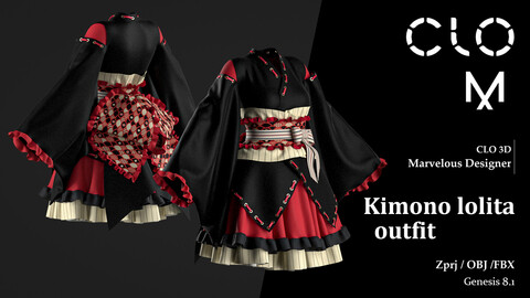 Kimono  lolita  outfit  / Marvelous Designer/Clo3D project file + OBJ