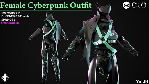 Female Cyberpunk Outfit Vol.01 - MD / Clo3d project + obj files + PBR Textures + Smart Material