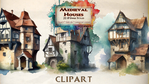 Medieval Houses Clipart WaterColour clip art bundle commercial use PNG Format Instant Download Medieval house clipart Cottage Clipart