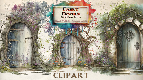 Fantasy Fairy Doors Clipart clip art bundle WaterColour Art commercial use PNG Format instant Download Enchanted Magical Doors Art Journal