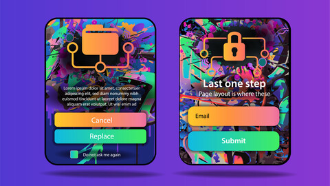 two colorful web windows of the operating system with graffiti-style buttons