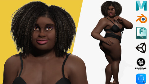 Big fat Naked African Female Cartoon Black - afro rigged Woman Low-poly 3D model