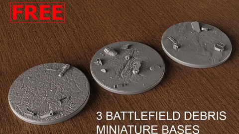 FREE PACK - 3 BATTLEFIELD DEBRIS MINIATURE BASES 100mm 3D Print Ready - .OBJ files