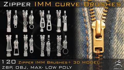 120 Zbrush Zipper IMM Curve Brushes + 120 3d model- Low Poly (Obj, Max )