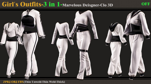 3 in 1 Girl's Outfits- Marvelous Designer/Clo3d (OBJ + FBX +ZPRJ)