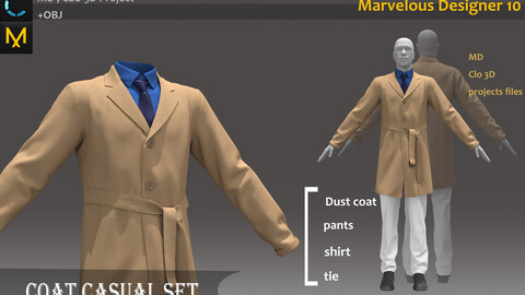 Trench Set with Pants&Shirt&Tie&Shoes_Male_Marvelous Designer Project_Practice for Zbrush