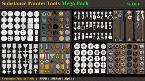 Substance Painter Tools-Zipper-Button-Bolt and Screw-Medal and Badge (SBSAR-SPPR-Alpha)"MEGA PACK"